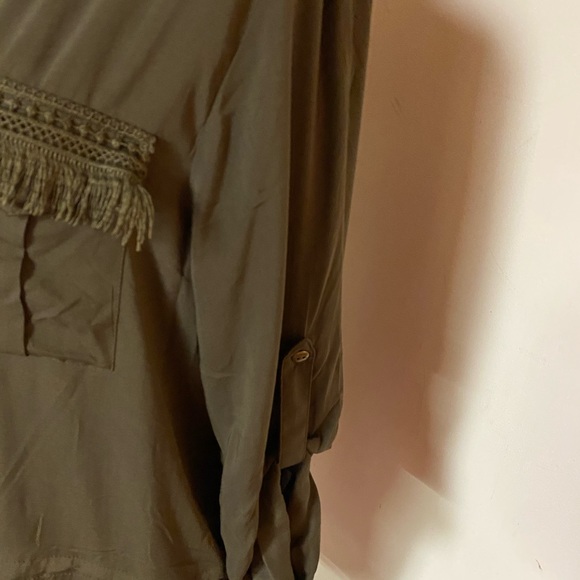 Tru Self Olive Green Silky Blouse with pockets, drawn-string & button-up sleeves - Picture 6 of 11